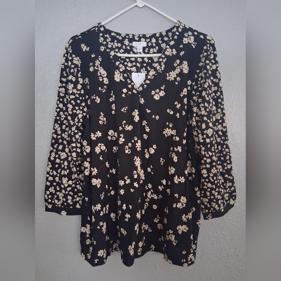 J. Jill Tops - J Jill NWT Black Cream Floral V Neck Cotton Tencel Blend Popover Top L